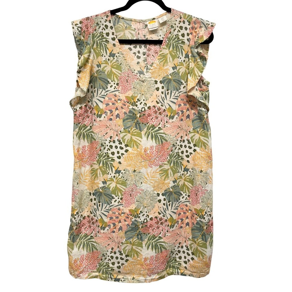 C&C California Linen Dress Womens M Tropical Floral Shift Flutter Sleeve